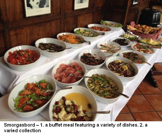Smorgasbord buffet meal featuring variety of dishes